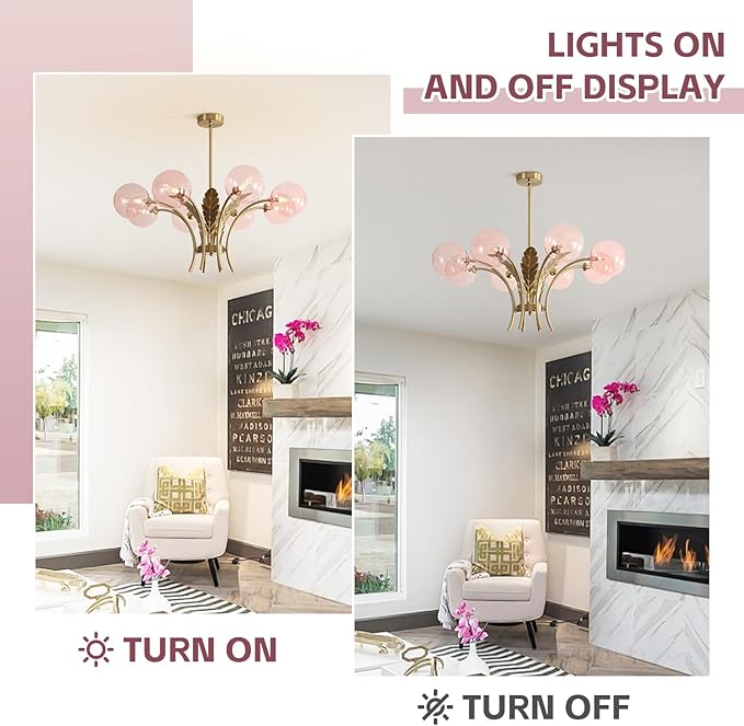 BOKT 8 Pink Ceiling Light Fixture Large Sputnik Vintage Gold Farmhouse Chandelier Rustic Lighting Glass Globe Pendant Lights for Dining Bedroom Living and Girls Room G9 Bulb Included