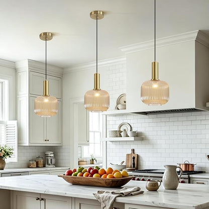 KCO Lighting Amber Glass Globe Pendant Light Mid Century Modern Kitchen Island Pendant Lighting Gold Single Pendant Light Fixture Vintage Brass Hanging Ceiling Light for Living Room Dining Room