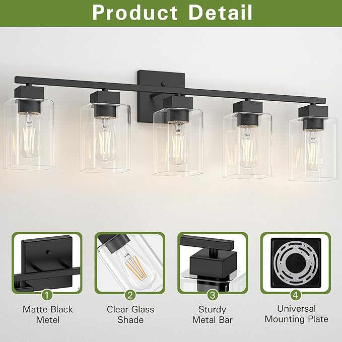 5 Light Bathroom Vanity Light - Matte Black Bathroom Light Fixtures Square Design & UL Certification, 31 Inch Black Bath Room Lighting Fixtures Over Mirror for Living Room & Bedroom & Restroom