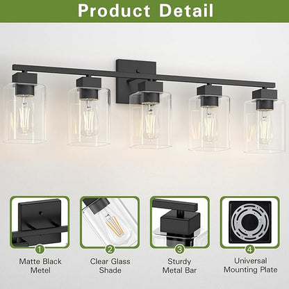 5 Light Bathroom Vanity Light - Matte Black Bathroom Light Fixtures Square Design & UL Certification, 31 Inch Black Bath Room Lighting Fixtures Over Mirror for Living Room & Bedroom & Restroom