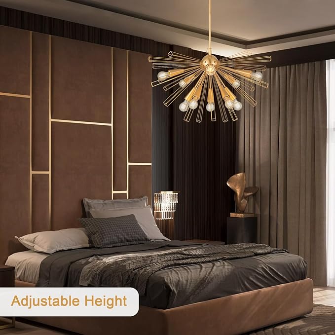 Modern 33'' Gold Sputnik Chandelier, 10-Light Mid Century Brushed Brass Starburst Chandelier Light Fixture, Large Pendant Lighting for Kitchen Dining Room Bedroom Foyer Sloped Ceiling Compatible