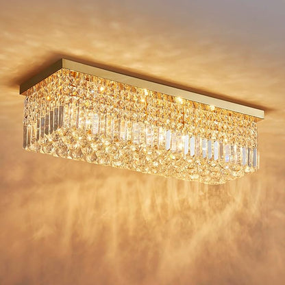 Saint Mossi 5-Lights Modern K9 Crystal Chandelier Light Fixture, Flush Mount Chandelier for Dinning Room, H9 x W10 x L31, Clear Crystal & Gold Finish