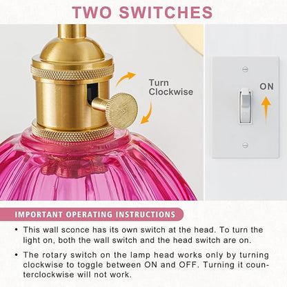 Hardwired Wall Sconce Light, Vintage Wall Sconce with Switch, Gold Wall Light Fixture with Tulip Ruby Red Glass Lampshade, Indoor Wall Light for Bedroom Bathroom, Bedside Wall Lamp