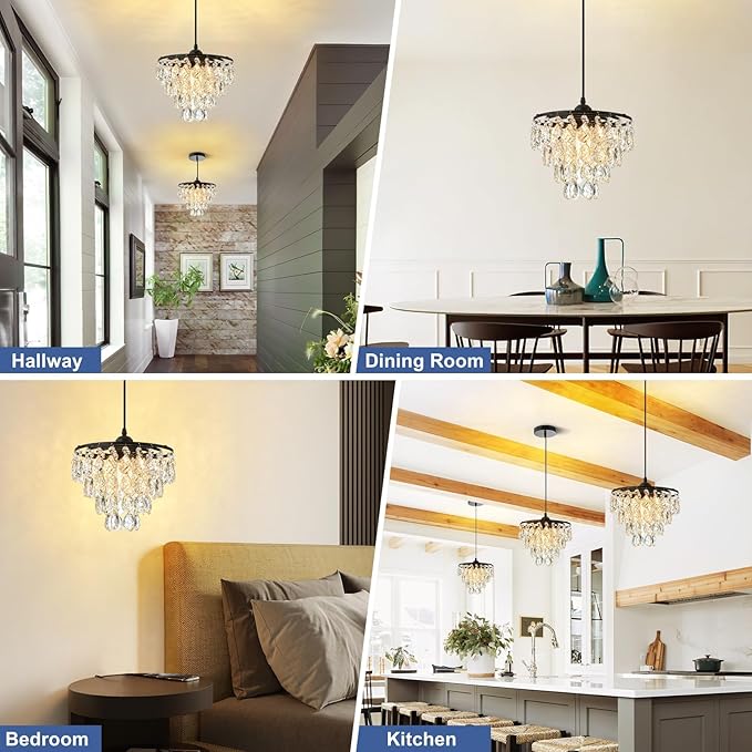 Mini Crystal Chandelier Small Modern Crystal Flush Mount Ceiling Light for Hallway Closet, E26 Base, K9 Crystal (Black-Pendant)