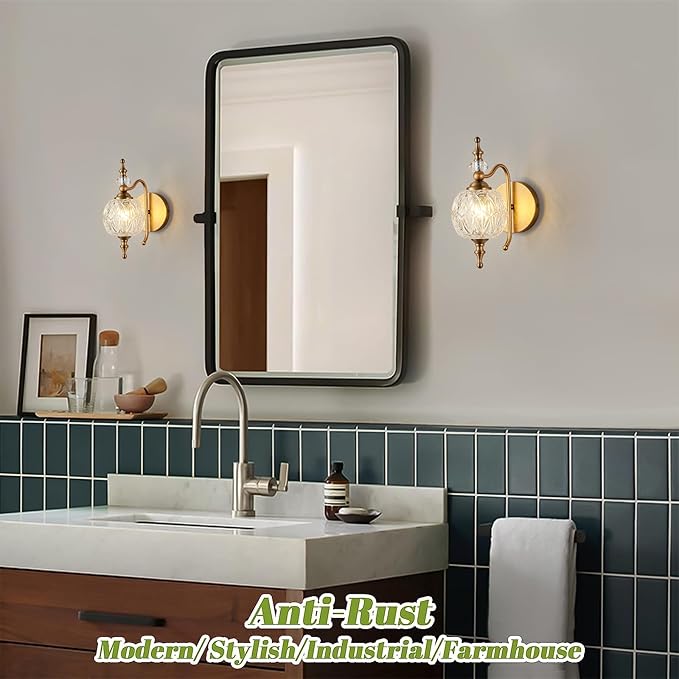 Vintage Bathroom Wall Sconces, 1-Light Wall Light Fixtures with Crystal Glass Shade Retro Bathroom Vanity Light Fixtures for Bedroom Living Room Farmhouse Dinning Room