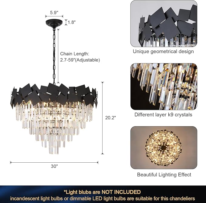 A AXILIXI Modern Large Crystal Chandeliers 30'' Black Round Chandeliers for High Ceiling K9 6-Tier Large Brass Ceiling Chandelier Light Fixtures Luxury Chandelier for Staircase Foyer Living Room