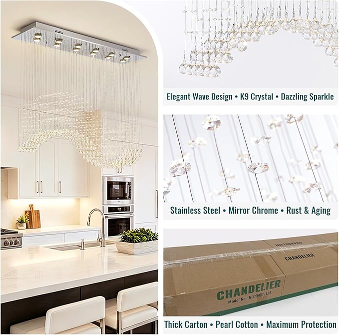 Siljoy Rectangle Wave Raindrop Chandelier for Dining Room, 12 Light Modern Rectangular Flush Mount Crystal Pendant Ceiling Light for Living Room Kitchen L47'' x W11.8'' x H40''