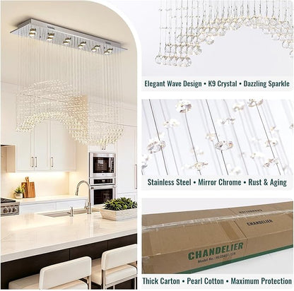 Siljoy Rectangle Wave Raindrop Chandelier for Dining Room, 12 Light Modern Rectangular Flush Mount Crystal Pendant Ceiling Light for Living Room Kitchen L47'' x W11.8'' x H40''