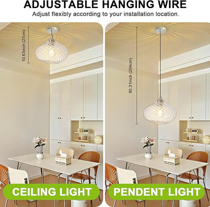 Glass Pendant Lights Kitchen Island, 11'' Brushed Nickel Pendant Lighting Fixtures, Modern Hanging Ceiling Light With Striped Clear Glass Shade for Farmhouse Dining Room Bedroom Hallway(1 Pack)