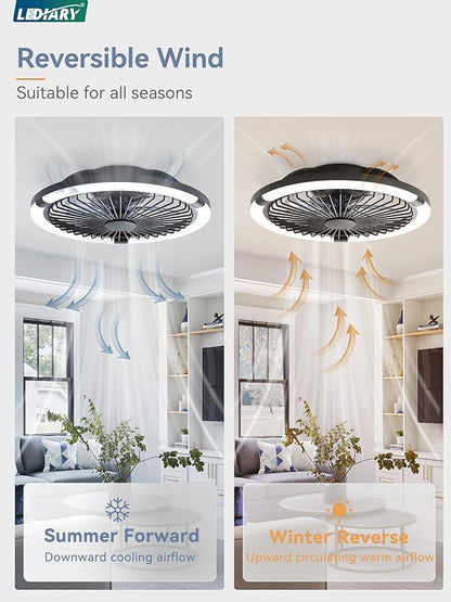 LEDIARY 20" Bladeless Ceiling Fan with Light,Low Profile LED Ceiling Fans with Remote & Smart APP Control,Modern Enclosed Flush Mount Fandelier with Timming,6 Speed,3000-6000K,Bedroom,Kids Room-Black