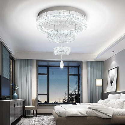 Flashing God Dia 20" Modern Crystal Chandelier for Dining Room Silver Ceiling Chandelier Flush Mount Ceiling Light for Living Room Bedroom Hallway LED Light Fixture Dimmable with Remote