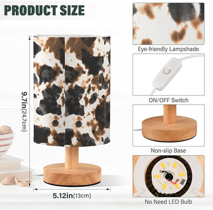 Bedside Table Lamp Cow Tie Dye Print Nightstand Lamp with Wood White Black Brown Animal Skin Desk Lamps for Bedroom Living Room Nursery Office Home Decor