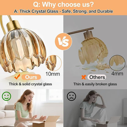 Bathroom Light Fixtures, 3-Light Brushed Gold Vanity Lights for Bathroom with Ribbed Amber Tulip Glass Shade, 20 in Bathroom Vanity Lights Over Mirror for Bedroom, Living Room, Hallway