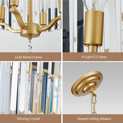 Gold Crystal Chandeliers for Dining Room, 4-Light Modern Round Chandeliers 15.7" for Living Room Kitchen Hallway Bedroom Foyer Hall, Adjustable Height Hanging Light Fixture