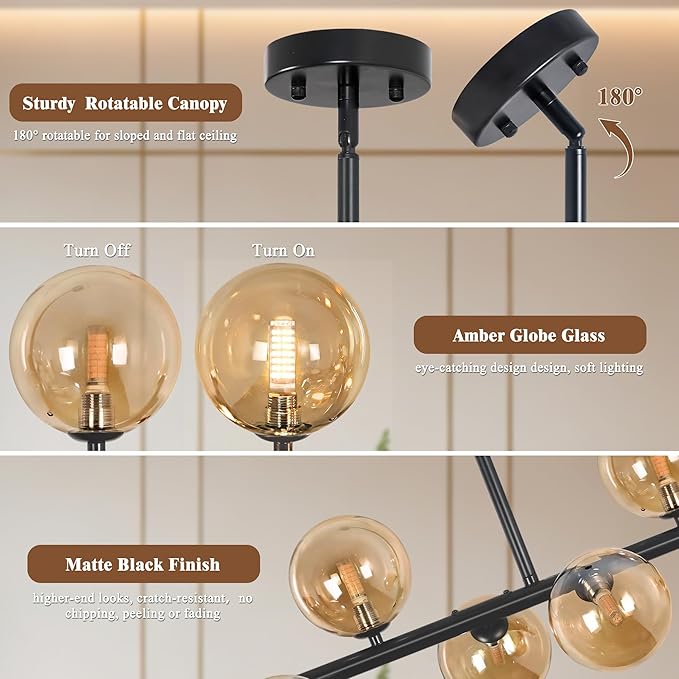 Linear Chandeliers for Dining Room, 8-Light Black Sputnik Chandeliers Modern Chandelier Linear Dining Room Light Fixture Mid Century Ameber Glass Globe Chandelier for Kitchen Island Living Room 37inch