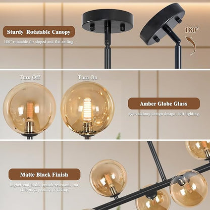 Linear Chandeliers for Dining Room, 8-Light Black Sputnik Chandeliers Modern Chandelier Linear Dining Room Light Fixture Mid Century Ameber Glass Globe Chandelier for Kitchen Island Living Room 37inch