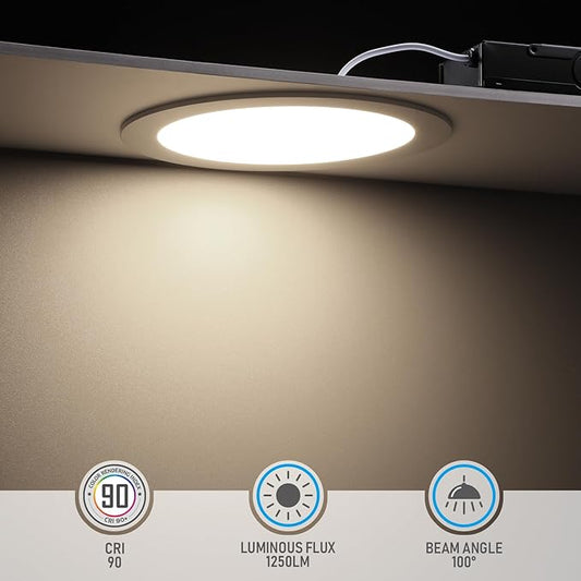 TORCHSTAR Premium Series 8 Inch Ultra-Thin LED Recessed Ceiling Light with J-Box, 18W 10%-100% Dimmable Recessed Downlight, Aluminum, 4000K Cool White, CRI90, ETL & ES Listed, White, Pack of 6