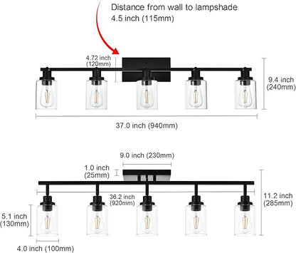 MELUCEE 5 Light Vanity Lights for Bathroom with Rotatable Light Head, Black Ceiling Light Fixture with Clear Glass Shade, Modern Spotlight Track Lighting Kit for Hallway Porch Foyer Bath, 37 Inch