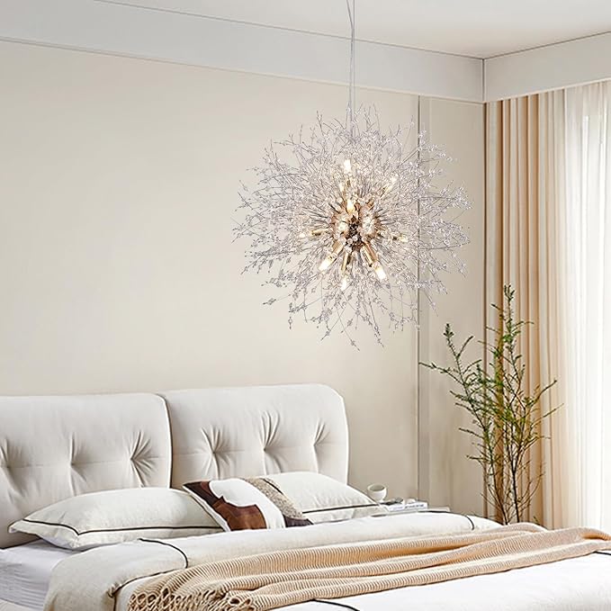 9-Light Gold Crystal Chandeliers, Modern Dandelion Hanging Light, Small Round Lamp, Sputnik Beaded Pendant Lights for Farmhouse Bedroom Dining Room Living Room Kitchen Island (Gold, D19.6inch)