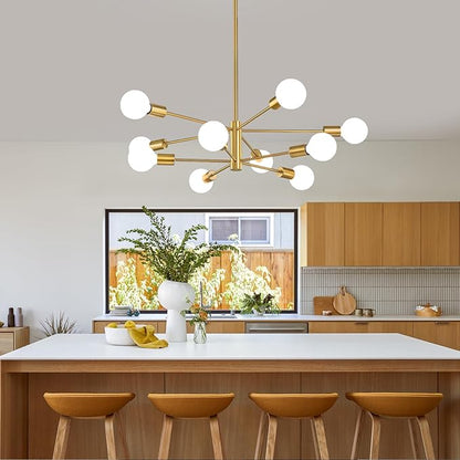 RUIYEY Modern Sputnik Chandeliers Light, 10-Light Gold Gold Dining Room Chandelier Over Table, Height Adjustable Industrial Semi Flush Mount Mid Century Chandelier for Kitchen Island Living Room