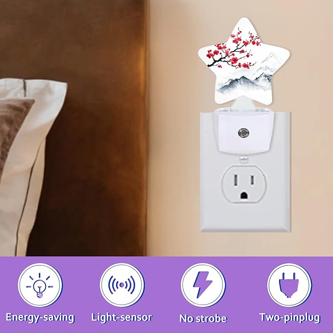 Red Plum Blosoom Flower Night Lights Plug Into Wall Decorative,Chinese Ink Painting Sleep Friendly Lamp, Energy Efficient Dusk-to-Dawn Sensor Nightlights for Kid Bedroom Nursery Bathroom