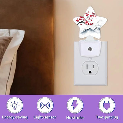 Red Plum Blosoom Flower Night Lights Plug Into Wall Decorative,Chinese Ink Painting Sleep Friendly Lamp, Energy Efficient Dusk-to-Dawn Sensor Nightlights for Kid Bedroom Nursery Bathroom