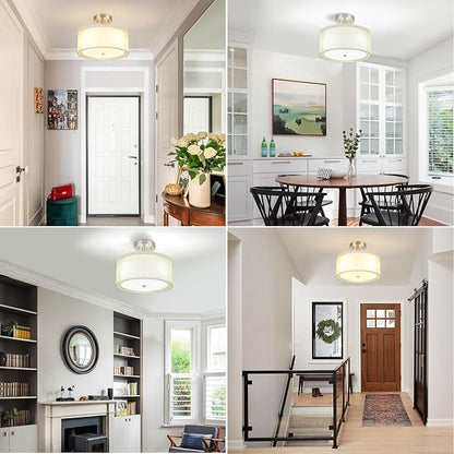 FOLKSMATE Semi Flush Mount Ceiling Light Fixture, Gold 3-Light Drum Light with Double Fabric Shade, Modern Close to Ceiling Lamps for Living Room, Bedroom, Dining Room, Kitchen, Hallway, Entry, Foyer
