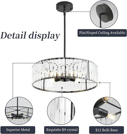 4-Light Black Crystal Chandelier for Dining Room,Modern Semi Flush Mount Ceiling Lighting Fixtures,Round Kitchen Hanging Drum Pendant Lights for Living Room Bedroom Foyer， 16 Inch
