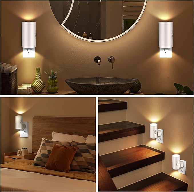 LED Plug-in Wall Night Light with Dimmable 0-300 Lumens, 2700K Warm White, Auto On/Off Light Sensor & Adjustable Head for Hallway, Stairs, Bedroom,2 Pack
