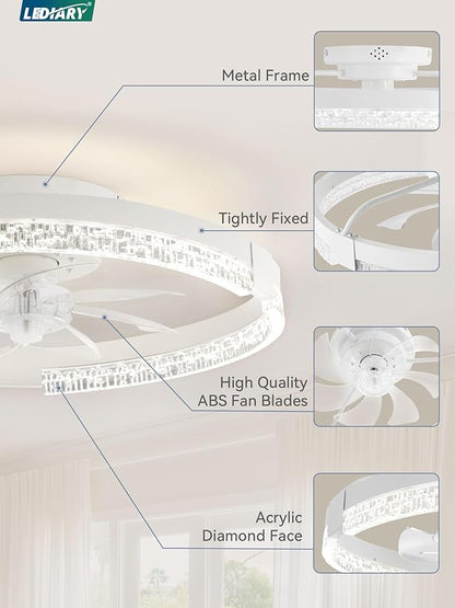 LEDIARY Flush Mount Ceiling Fan with Lights and Remote, 19.7'' Low Profile, 3000-6000K Dimmable Fandelier, 6 Wind Speeds, White Modern LED Fan Light for Bedroom