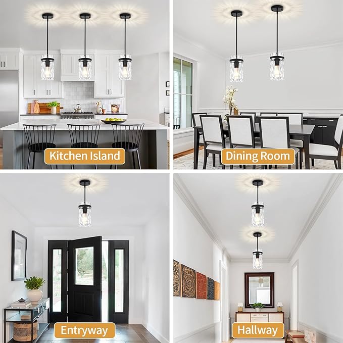 2 Pack Black Pendant Lights Kitchen Island, Modern Hammered Glass Pendant Lighting Over Island Hanging Kitchen Light Fixtures Hallway Ceiling Lights Adjustable Pendant Light for Dining Room Entryway