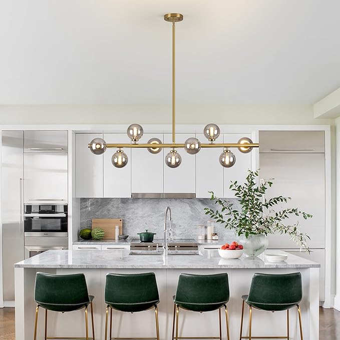 Mid Century Modern Globe Sputnik Chandelier, 9-Light Linear Chandeliers for Dining Room and Kitchen Island, Dining Light Fixture Over Table, Brass Gold and Smoke Grey Glass Bubble, 40 Inch