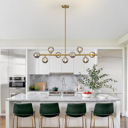 Mid Century Modern Globe Sputnik Chandelier, 9-Light Linear Chandeliers for Dining Room and Kitchen Island, Dining Light Fixture Over Table, Brass Gold and Smoke Grey Glass Bubble, 40 Inch
