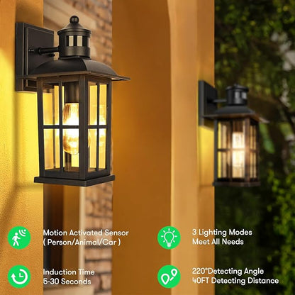 13in Motion Sensor Porch Light, Anti-Rust 100% Aluminum Dusk to Dawn Outdoor Light Fixtures, Exterior Wall Lantern Sconce Lighting Matte Black, Outside Lights for House Wall Mount for Entryway Garage