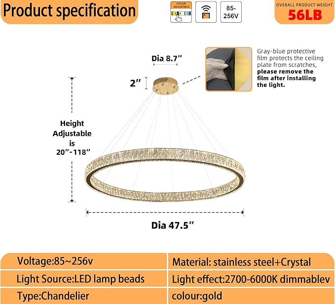 Modern Large Gold Ring Chandelier Dimmable LED 47.5in Adjustable Gold Crystal Ring Pendant Light Fixtures for Dining Room Living Room
