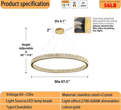 Modern Large Gold Ring Chandelier Dimmable LED 47.5in Adjustable Gold Crystal Ring Pendant Light Fixtures for Dining Room Living Room