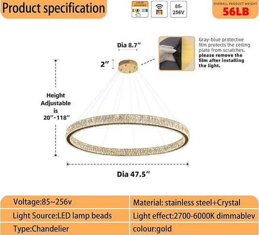 Modern Large Gold Ring Chandelier Dimmable LED 47.5in Adjustable Gold Crystal Ring Pendant Light Fixtures for Dining Room Living Room
