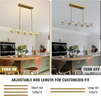 Modern Crystal Chandelier for Dining Room,Gold Pendant Lights Fixture with 10-Lights,Adjustable Height Hanging Ceiling Light for Kitchen Island,Bedroom,Over Table,Living Room