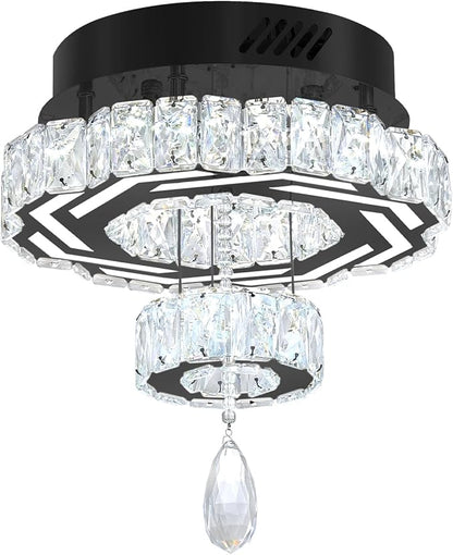 Flashing God 12" Modern Crystal Chandeliers Black Flush Mount Ceiling Chandelier Mini Chandelier for Hallway LED Dimmable Crystal Pendant Light for Dining Room Living Room Bedroom