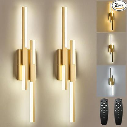 Benkut Modern LED Vanity Lights Set of 2, Gold Wall Sconce with Remote Control Dimmable Indoor Wall Light Bedside Remote Sconce for Bedroom Bathroom Living Dining Room (27.6inch 2 Pack)