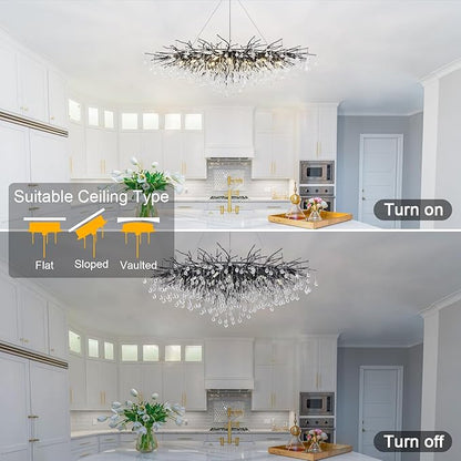 Black Crystal Chandelier for Dining Room,L47.24in Rectangular Modern Chandeliers Raindrop Lights,Tree Branch Chandelier Light Fixture for Kitchen Island,Entryway 13-Light