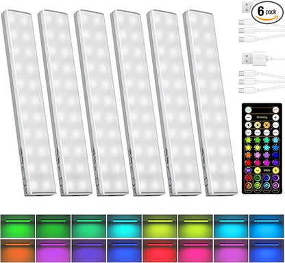 EZVALO 80 RGB Color Changing Under Cabinet Lighting Wireless, 1800mAh Rechargeable Shelf Lights, Magnetic, Timer & Dimmable Bar Light with Remote for Kitchen, Display Case, Cabinet, 6Pack