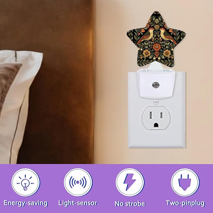Vintage Birds Night Lights Plug Into Wall Decorative,Retro Flower Sleep Friendly Lamp, Energy Efficient Dusk-to-Dawn Sensor Nightlights for Kid Bedroom Nursery Bathroom