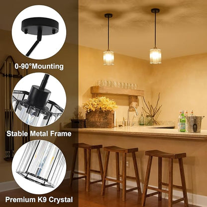 Crystal Pendant Lights Kitchen Island, 2 Pack Modern Black Kitchen Pendant Light Fixtures, Small Hexagonal Crystal Hanging Lights for Kitchen Island, Dining Room, Hallway, Foyer, Entryways