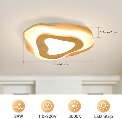 Littleglovo 15.7" Modern Flush Mount LED Chandelier for Dining Room, Natural Wood Petal Energy Chandeliers Ceiling Light for Entryway Bedroom Foyer Kitchen Living Room Bathroom