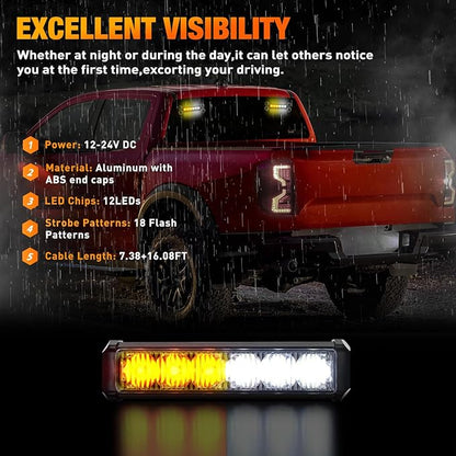 Nilight 12LED Emergency Strobe Traffic Advisor Light Bar 2 in 1 Amber White Dash Warning Safety Flashing Lights Front/Rear Windshield Construction Lights for Trucks Cars Plow Police Vehicles