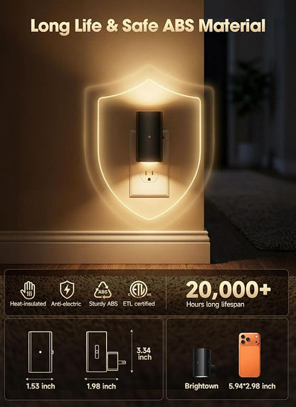 Brightown 2 Pack Night Lights Plug Into Wall, Modern Night Light with Rotating Plug, Dusk to Dawn Sensor, 0-100LM Stepless Dimming Nightlights, Home Decor for Hallway Bedroom Bathroom, Soft White