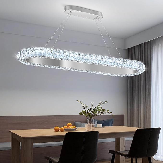 40'' Oval Ring Crystal Chandelier Modern LED Dimmable Ring Pendant Light Chandelier for Dining Room Living Room Silver