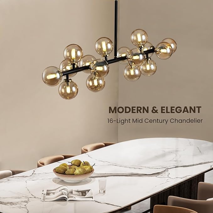 Mid Century Modern Chandeliers for Dining Room, 39" Linear Pendant Light Fixtures with Amber Glass Globe, 16-Light Sputnik Hanging Light for Living Room Kitchen Island