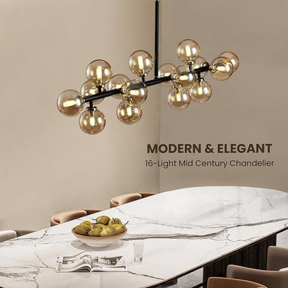 Mid Century Modern Chandeliers for Dining Room, 39" Linear Pendant Light Fixtures with Amber Glass Globe, 16-Light Sputnik Hanging Light for Living Room Kitchen Island